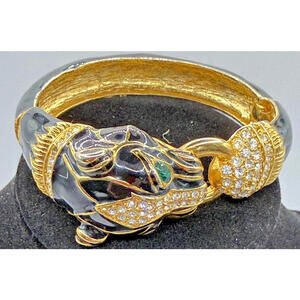 Vintage Black Enamel Panther Head Bangle Bracelet – Gold Tone Rhinestone Stateme